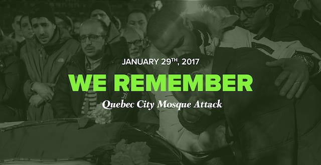 Commemorative image marking January 29, 2017, honouring the victims of the Quebec City Mosque attack as part of Islamophobia remembrance and advocacy efforts.